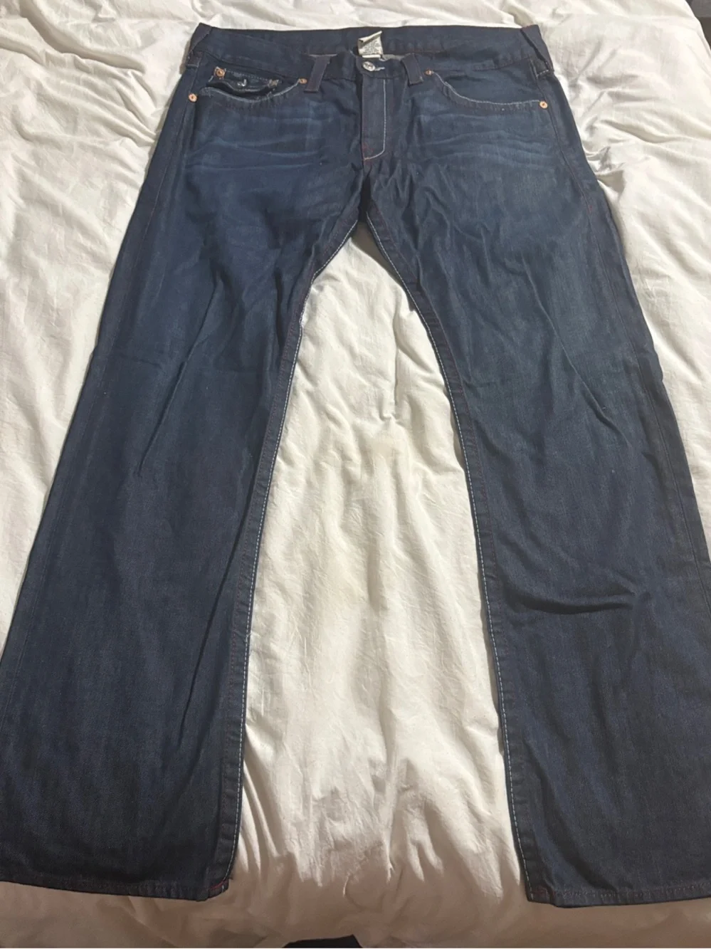 True Religion Men's Indigo Straight Jeans with Red Stitching